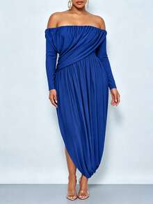 SOLERSUN Große Größen Off-Shoulder einärmliges Satin Abendkleid mit geraffter Taille und asymmetrischem Schlitz, elegantes luxuriöses langes Kleid für Partys - Blau - Übersicht 7