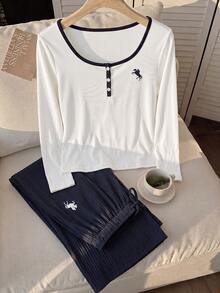 SHEIN EZwear 大尺碼女款馬術印花長袖上衣與長褲休閒日常兩件套 秋季 - 藍白色 - 查看 7