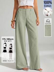 SHEIN Tall 100% Washed Cotton Low Waist Straight Pants - Olive Green - View 3