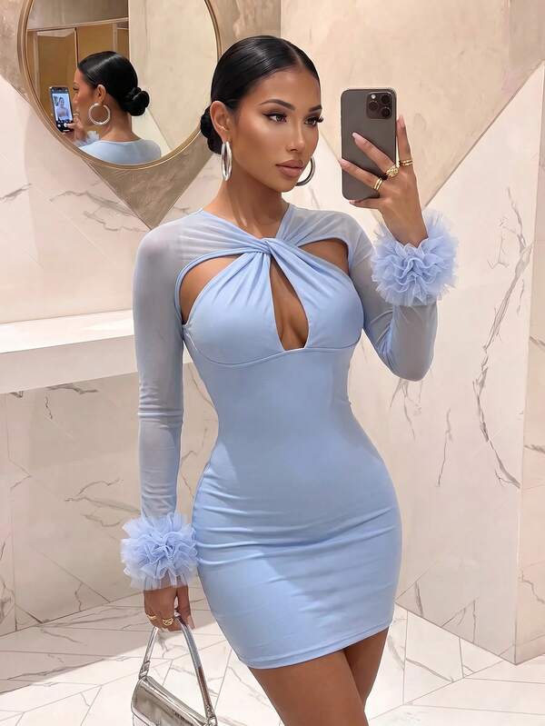 Slaydiva Birthday Party,Cocktail Evening-Light Blue Twist Cutout Fluffy Cuff Mesh Bodycon Club Mini Dress-A