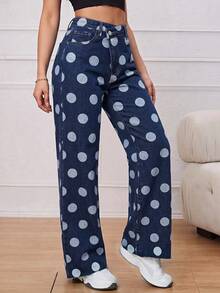 SHEIN ICON 女款波點不對稱腰線直筒休閒牛仔褲 - 藍色 - 查看 4