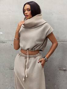 Denimoi Washed High Neck Hooded Multi-Wear Terry Sweatshirt Top Fashion Streetwear Sweatshirt Lounge Wear, Casual Daily, Two Piece Set - Grey - View 4