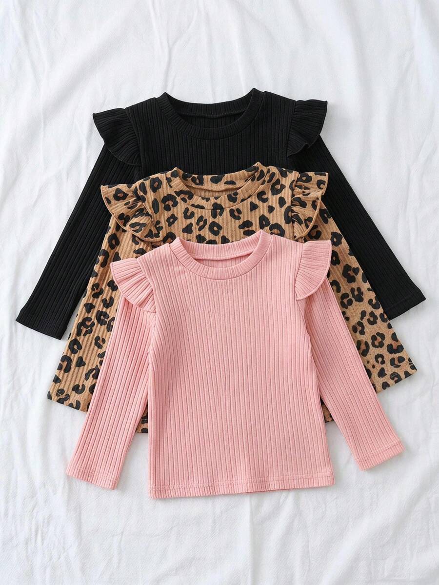 SHEIN 3件組女童幼兒秋冬時尚嬰兒粉色＋經典純黑色荷葉袖圓領長袖打底T恤返校上衣