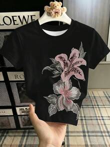 復古甜美百合花卉印花，青少年女孩修身休閒簡約舒適圓領緊身長短袖T恤，適合夏季，街頭復古風，輕鬆舒適，兒童秋季疊穿，Y2K，運動套裝，外出，街拍，校園，慵懶隨性 - 彩色 - 查看 3