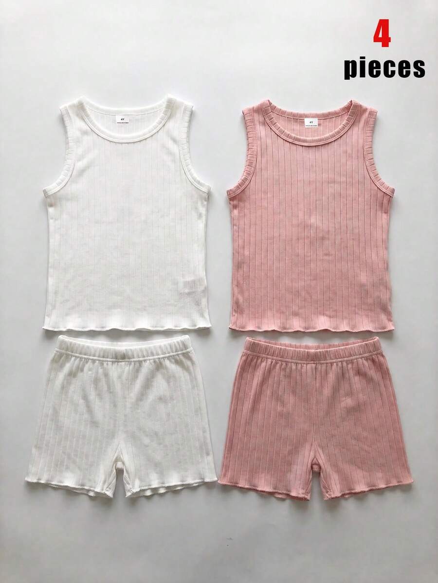 隨機發貨 2 件/8 件組 幼女羅紋針織服裝套裝,無袖內搭上衣與短褲淺粉色,柔軟基礎層,適合現代兒童穿著 - 彩色 - 查看 1