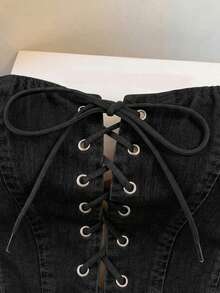 SHEIN MOD 女款細肩帶設計休閒百搭日常穿搭抹胸牛仔上衣 - 黑色 - 查看 5