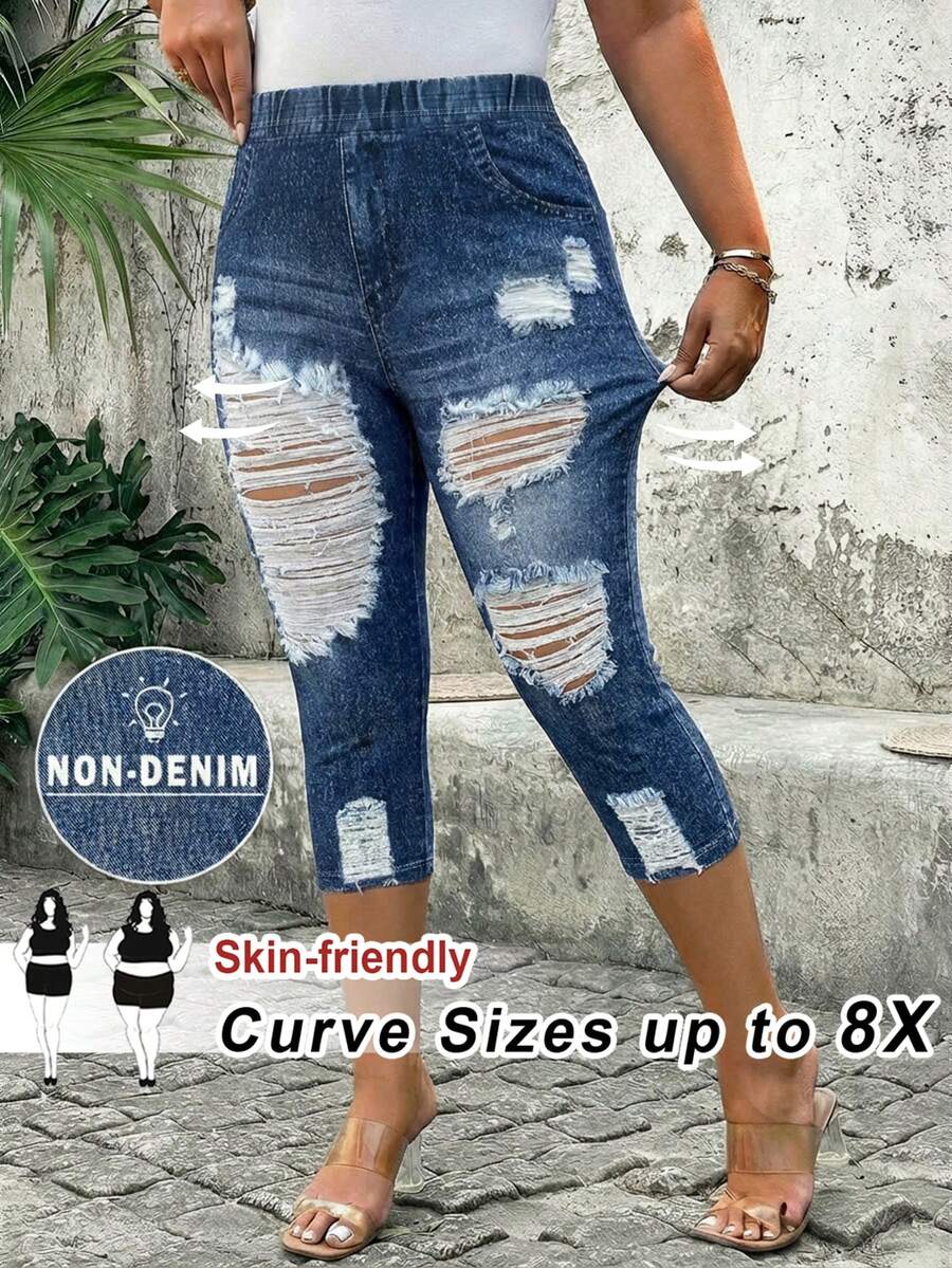SHEIN CURVE+ 大尺碼女款灰藍色牛仔效果波浪紋休閒牛仔緊身褲，適合夏季穿著
