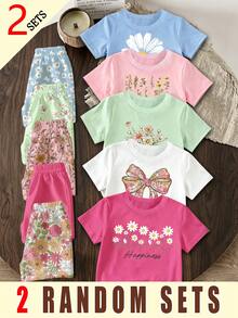 Elladie kids (2 Sets Aleatorios) Conjunto de Camiseta Corta Básica y Pantalones Cortos con Patrón Creativo de Flores y Lazos para Niñas, 7º Cumpleaños, Regreso a la Escuela, Verano Escolar - Multicolor - Ver 1