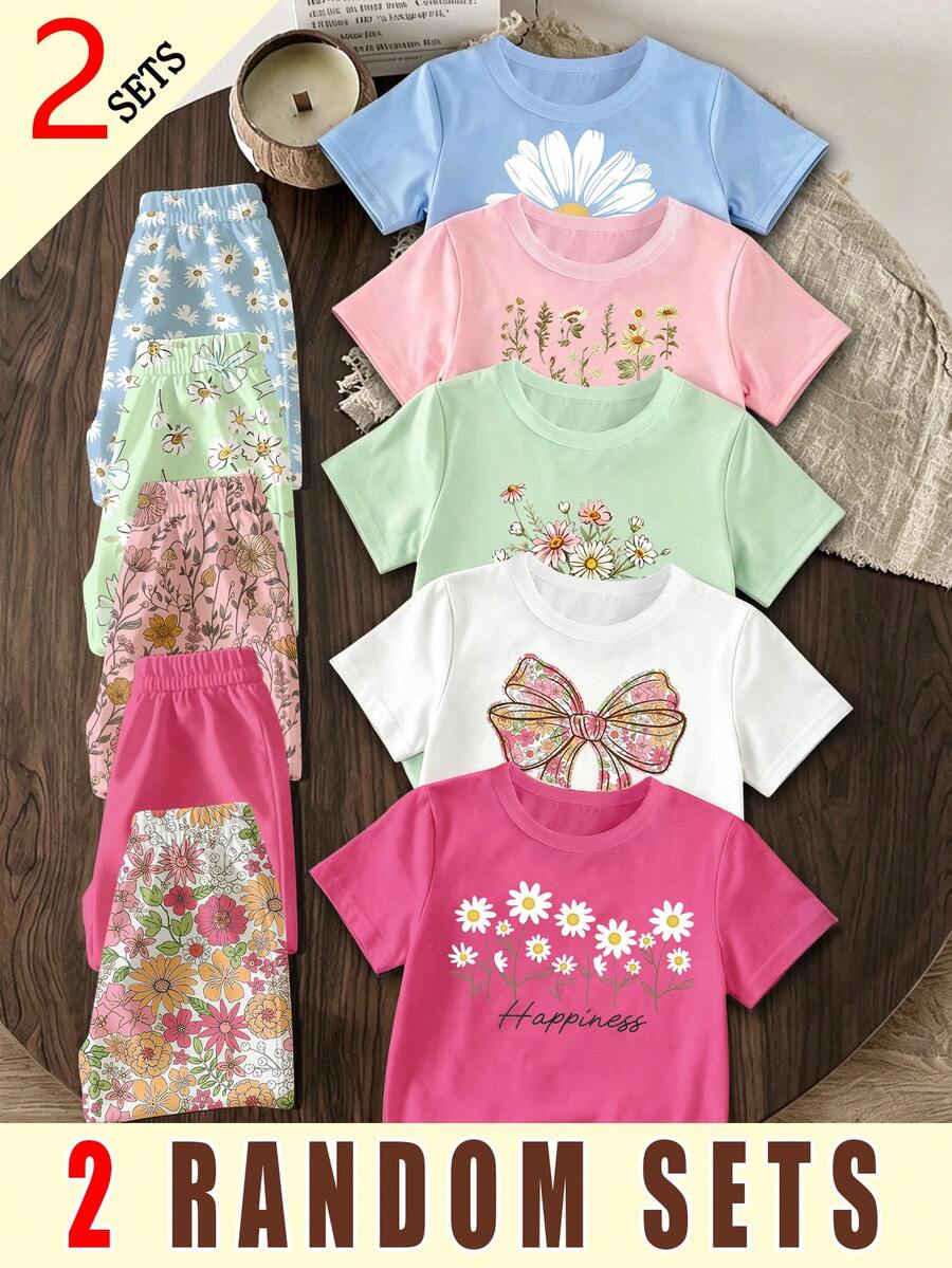 Elladie kids (2 Sets Aleatorios) Conjunto de Camiseta Corta Básica y Pantalones Cortos con Patrón Creativo de Flores y Lazos para Niñas, 7º Cumpleaños, Regreso a la Escuela, Verano Escolar - Multicolor - Ver 1