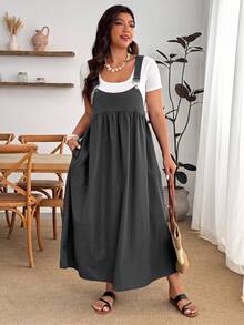 Enliva Plus Size Casual Loose Strap Dress - Dark Grey - View 7