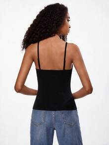SHEIN BASICS 女款純色極簡基本款保守休閒百搭細肩帶背心，適合度假、海灘、健身房、居家休閒、日常與假日居家穿著，黑色夏季款 - 黑色 - 查看 12