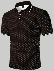 Manfinity Homme 男士休閒印花拼色半門襟鈕扣短袖 Polo 衫 - 棕色 - 查看 4