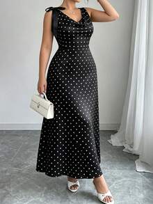 Easura Gaun Wanita Ukuran Besar untuk Musim Semi/Panas/Musim Gugur, Cocok untuk Kencan, Pesta Teh, Acara Formal, Liburan, dan Perjalanan Sehari-hari, dengan Dekorasi Pita dan Leher Kerah, Model A-Line, Warna Hitam Elegan. - Hitam dan Putih - View 3