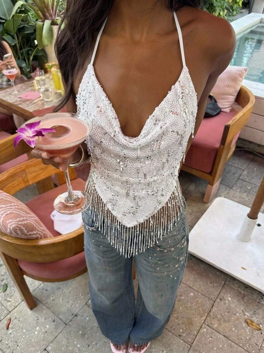SHEIN Glamour 女款性感沙灘流蘇亮片露背掛脖上衣 - 白色 - 查看 1