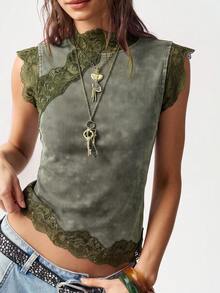 Bohemela Tank Top Rajut Kasual dengan Detail Renda Kontras untuk Wanita - Hijau Tentara - View 9