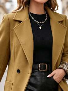 Velvienne Autumn/Winter Black Plaid Double-Breasted Wool Blazer With Classic Notch Lapel, Folded Cuffs, Patchwork Sleeve Design, Plus Size Formal Elegant - Khaki - View 7