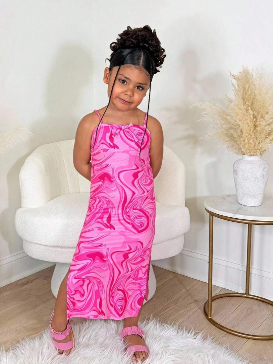 Young Girl Casual Vacation Daily Pink Tie-Dye Textured Snug Fit Dress - Pink - View 1