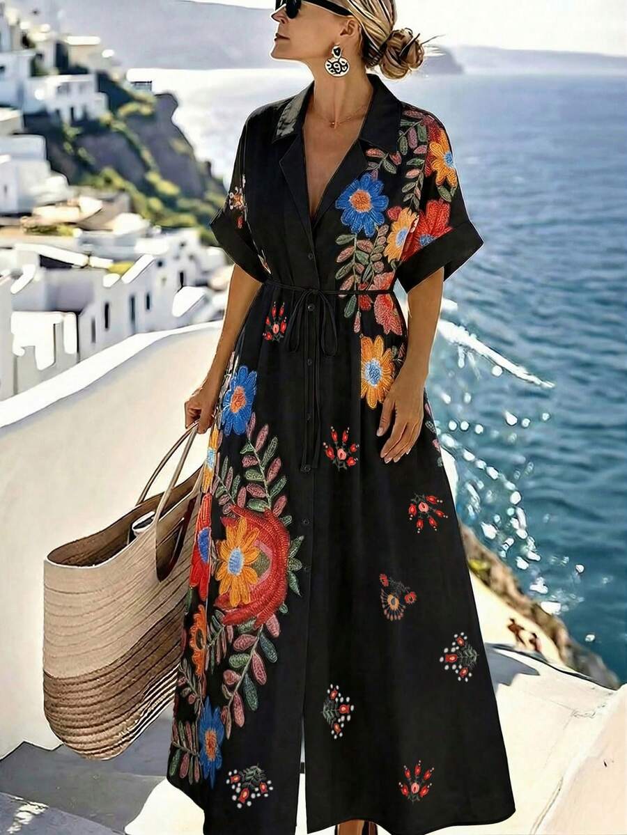 Louniche 女款休閒輕盈熱帶度假風印花蝙蝠袖長洋裝,適合日常穿著、海灘,黑色花卉夏季款 - 彩色 - 查看 1