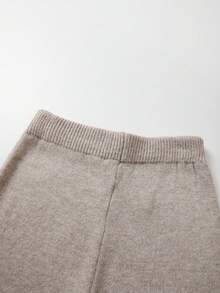 SHEIN Women Heathered Knit Flared Pants, Autumn High Waist Rib Waistband Loungewear Trousers - Khaki - View 5