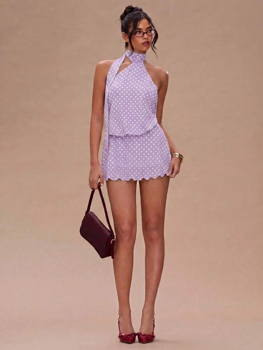 SHEIN BAE 女士波点露背休闲派对外出迷你连衣裙 - 淡紫色 - 查看 1