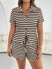 Shapeblank Plus Size Summer Casual Striped Top And Shorts 2 Pieces Set - Brown - View 5