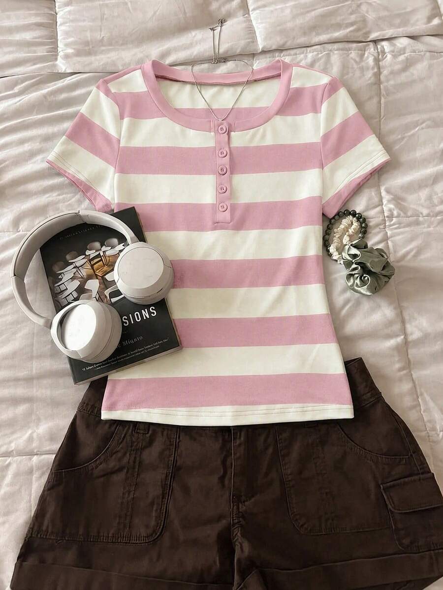 Attitoon Women's Striped Button Half-Placket Short Sleeve Casual T-Shirt - Baby Pink - View 1