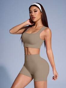 SHEIN Sovereign Charm 女款素色羅紋運動背心與短褲套裝 - 橄欖棕 - 查看 5