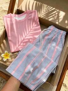 Comfortcana 2件組刺繡圓領短袖上衣與條紋印花長褲，休閒風 - 粉色 - 查看 3