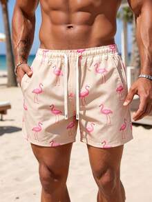 CoralVoy Men's Flamingo Print Drawstring Waist Casual Beach Shorts - Coral Pink - View 4