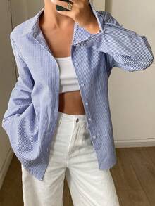DAZY 女款條紋單排扣商務休閒長袖襯衫 - 藏蓝色 - 查看 5