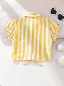 SHEIN 兒童黃白條紋女童休閒版落肩極簡條紋綁帶襯衫 - 黃色 - 查看 3