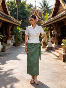 Zaforene Women's Vacation Jacquard Side-Tie Elegant Rough Skirt Olive Green Summer Tyrande Party High Tea Holiday - Multicolor - View 2