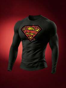 SUPERMAN X SHEIN Gym Rark 男士數位印花修身長袖運動T恤 - 黑色 - 查看 3