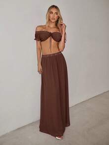 SHEIN ICON Women's Solid Color Shoulder Top And Pleated Skirt Fashion Two Pieces Set - Brown - View 4