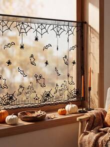 Pack Of 1, Grid Yarn Embroidery Ghost Pattern Small Gauze Curtain, Partition Coffee Curtain, Door Curtain, Halloween Decoration - Black - View 6
