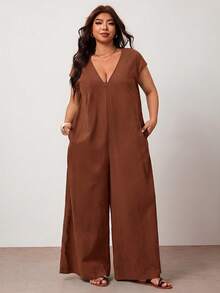 Enliva Plus Size Black Cotton Jumpsuit With Loose V-Neck And Pockets - Brown - View 4