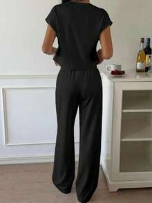 CovetEZ 黑色针织女士家居服套装，简约休闲日常上衣和裤子 - 黑色 - 查看 2