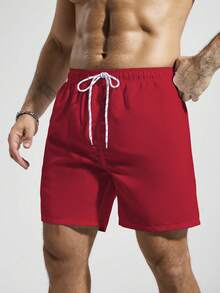 Manfinity KASUA Men's Solid Color Elastic Waist Drawstring Pocket Casual Summer Beach Shorts, Holiday - Red - View 5