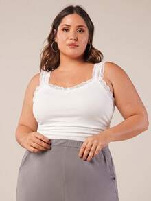SHEIN BASICS Casual Basic Style Narrow Neck Lace Trim Ribbed Women's Plus Size Regular Vest, White, Sleeveless, Ribbed Texture, Side Pleats. - White - View 3
