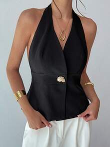 DAZY Solid Color Metal Buckle Fitted Halter Backless Elegant Casual Sexy Autumn Tank Top Vest For Women Vacation Formal Office Black - Black - View 3