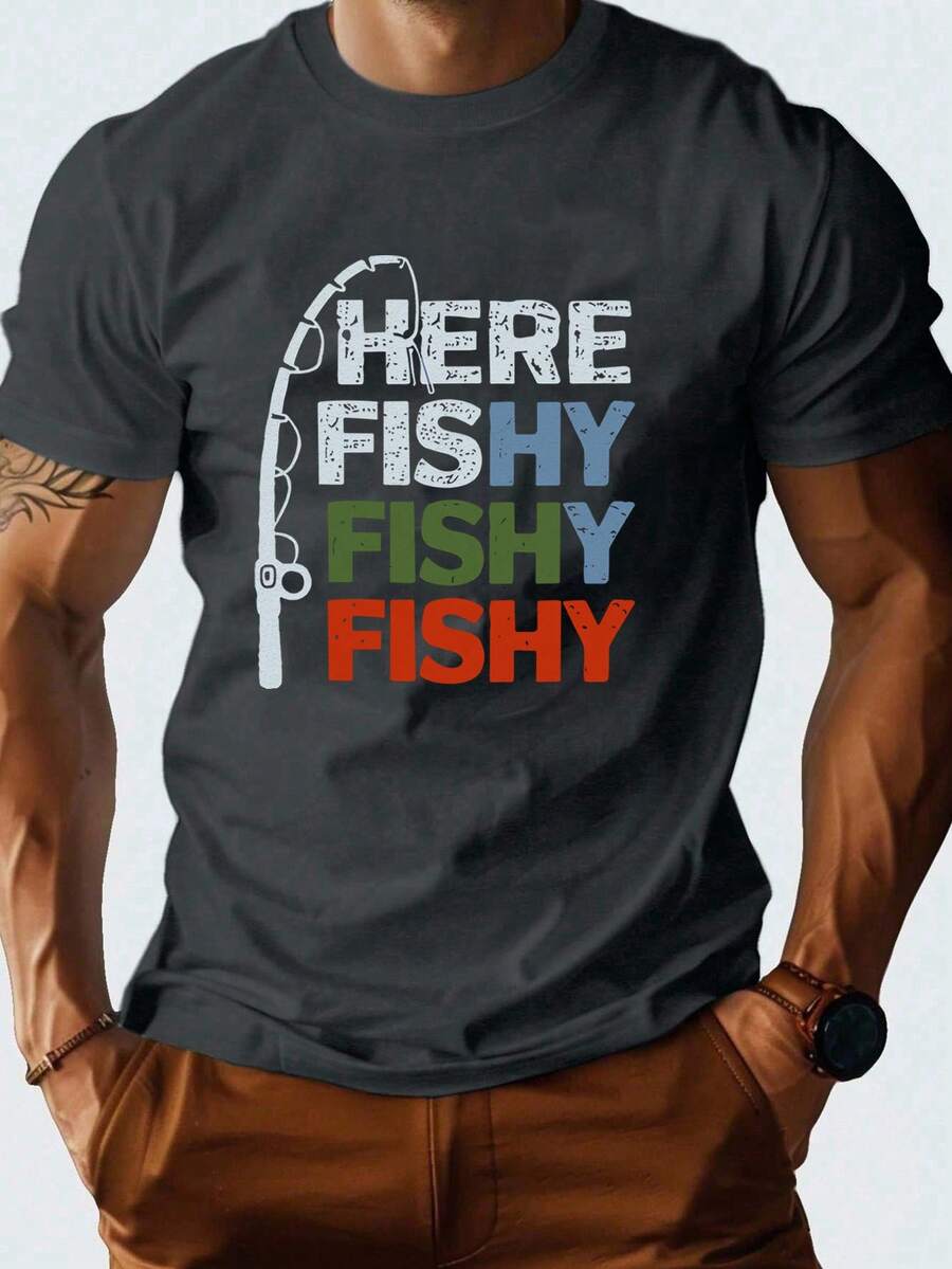 Manfinity Homme Men's Summer Letter Printed Round Neck Short Sleeve Casual T-Shirt - Dark Grey - View 1