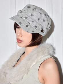 ROMWE Anime 1 Ladies Star Print Flat Top Hat Outdoor Adjustable Retro Hip Hop Newsboy Hat - Light Grey - View 3