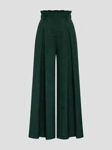 SHEIN Clasi Plus Size Women Dark Green Textured Paperbag Ruffle Elastic Back Waist Pleated Wide Leg Suit Pants Elegant Office Commute Daily Casual Trousers Fall - Blue - View 4