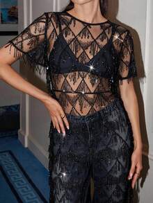Lavishia 女款優雅性感亮片流蘇長洋裝，適合時尚派對之夜、女性夜店晚裝、單身派對 - 黑色 - 查看 2