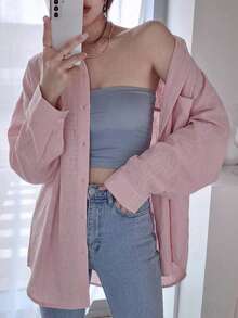 DAZY Women's Solid Color Regular Collar Oversized Loose Fit Shirt - Pink - View 4