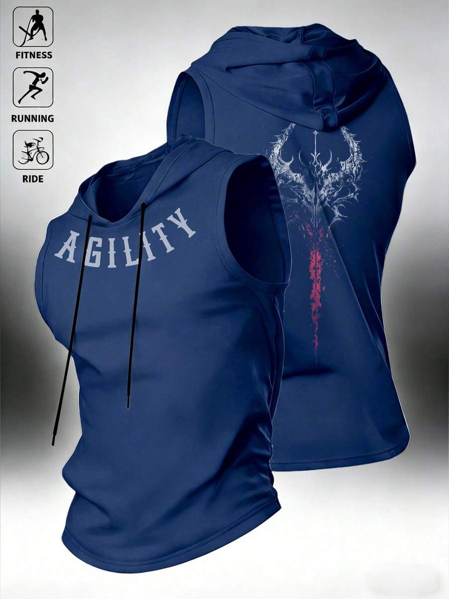 RISE LYT Men's Letter Print Drawstring Hooded Sports Tank Top - Blue - View 1