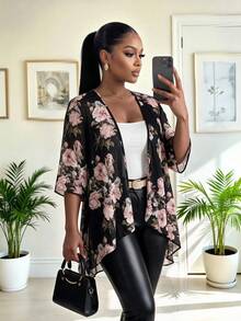 SHEIN Lady CURVE Jaket Semi-Transparan Motif Bunga Ukuran Besar untuk Acara Formal Pagi Hari dan Koktail, Warna Hitam, Elegan untuk Musim Panas - MultiWarna - View 3