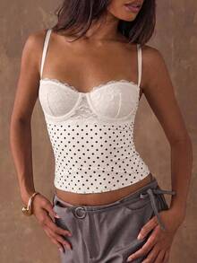 SHEIN BAE Women's Polka Dot Print Lace Patchwork Camisole Top,Summer Top - White - View 8