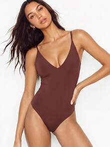 YARNWELL Women's Minimalist Solid Color Spaghetti Strap One-Piece Swimsuit For Beach Vacation - Brown - View 10