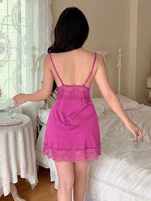 SHEIN 女款性感蕾絲細肩帶睡裙 - 玫紅色 - 查看 2